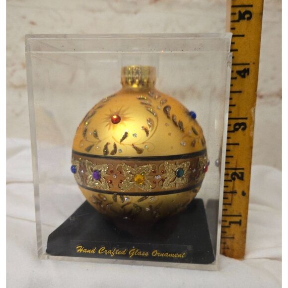 Hand Crafted Blown Glass Christmas 3" Ornament Gold w/ Jewels Holiday - Picture 3 of 3